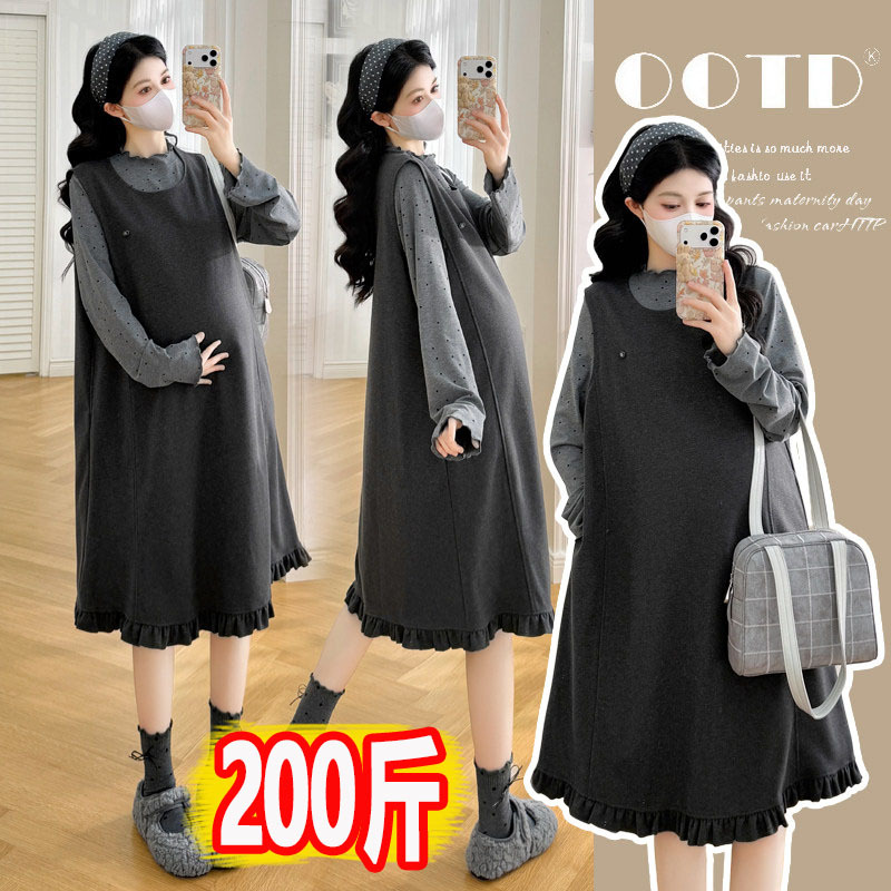Plus-Size Maternity Two-Piece Set 100kg Autumn and Winter Ruffled Tank Top Dress for Chubby Women, Loose Fit to Cover Belly during Pregnancy Plus-Size Maternity Two-Piece Set 100kg Autumn and Winter Ruffled Tank Top Dress for Chubby Women, Loose Fit to Cover Belly during Pregnancy