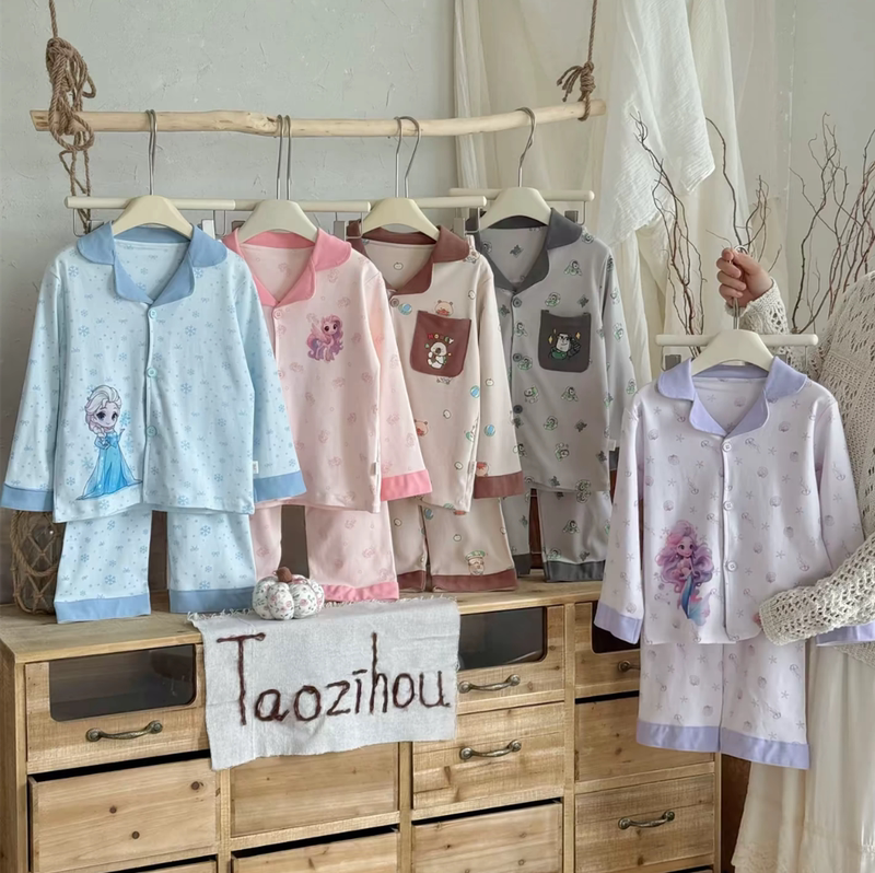 100% Pure Cotton ~ Autumn and Winter Children's Cartoon Lapel Cardigan Long-Sleeved Loungewear Pajama Set for Boys and Girls