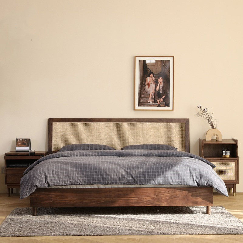 Modern minimal black walnut vine wooden beds Nordic Japanese bedroom 1 8 m cherry wooden wooden double bed