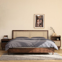 Modern minimalist black walnut rattan solid wood bed Nordic Japanese bedroom 1 8 M cherry wood Teng Yi double bed