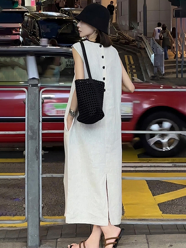 French-Style Back-Button Sleeveless Linen Tank Dress for Women 2026 New Summer Slit Long Dress