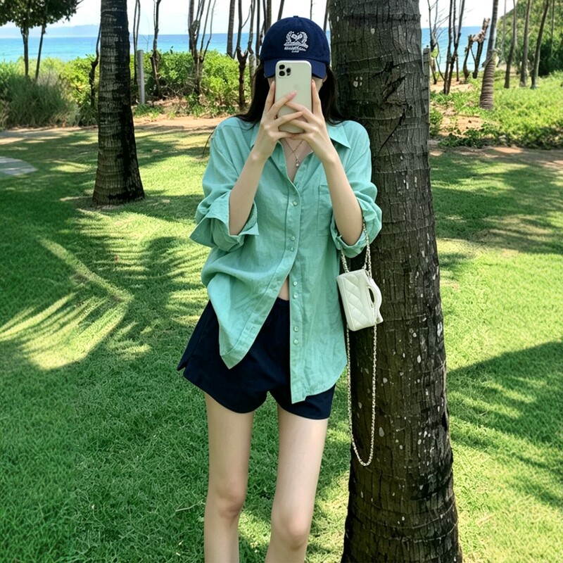 French Style Mint Green Loose Linen Shirt for Women 2026 Summer New Loose Casual Thin Sun Protection Top French Style Mint Green Loose Linen Shirt for Women 2026 Summer New Loose Casual Thin Sun Protection Top