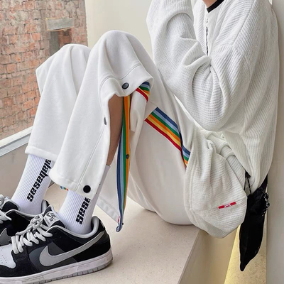 春夏薄款ins潮牌运动裤子男彩虹条纹运动裤宽松直筒侧边排扣卫裤