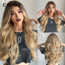 European and American medium and large waves long curly hair gradually faded light gold brown European and American wig women's long hair natural and breathable