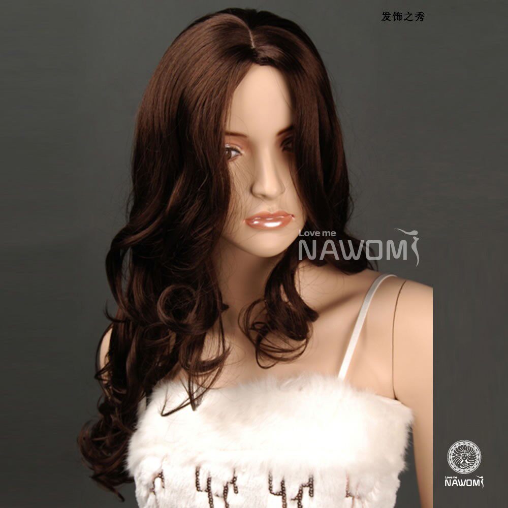 时尚女假发深棕色长卷发大波浪中分刘海假发女进口自然逼真假发套
