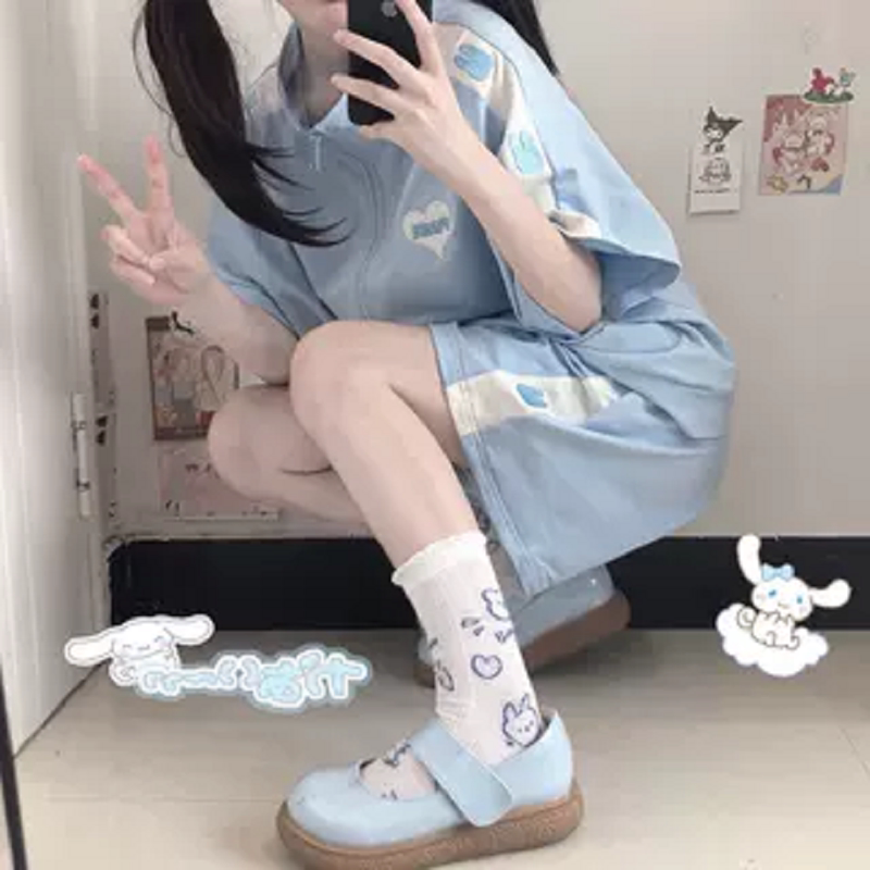 Pure Cotton Japanese-Style Cute Girl Sportswear Set for Women, Summer College Style Casual Short-Sleeved Shorts Student Two-Piece Set