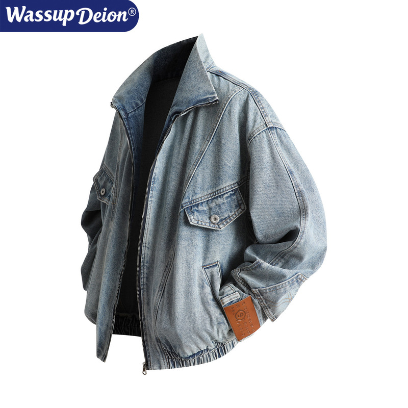 Wassup Deion American Retro Cool Denim Jacket for Men, Loose Fit, Washed and Distressed, Lapel, Old Money Style Jacket Wassup Deion American Retro Cool Denim Jacket for Men, Loose Fit, Washed and Distressed, Lapel, Old Money Style Jacket