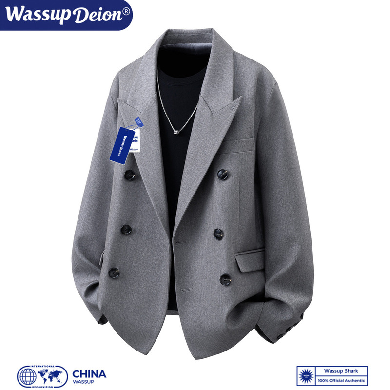 Wassup Shark American-Style Double-Breasted Casual Blazer for Men, Gray High-End Loose-Fitting Suit Jacket