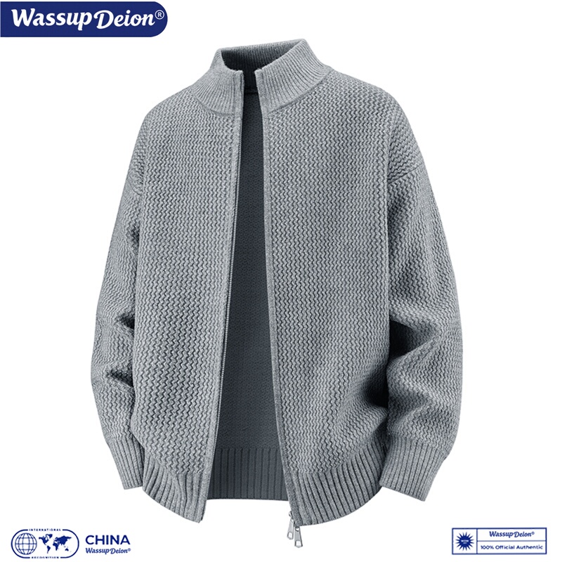 Wassup Deion American-Style Men's Double-Zipper Stand-Collar Knit Sweater, Casual Trendy Brand Commuter Sweater Jacket