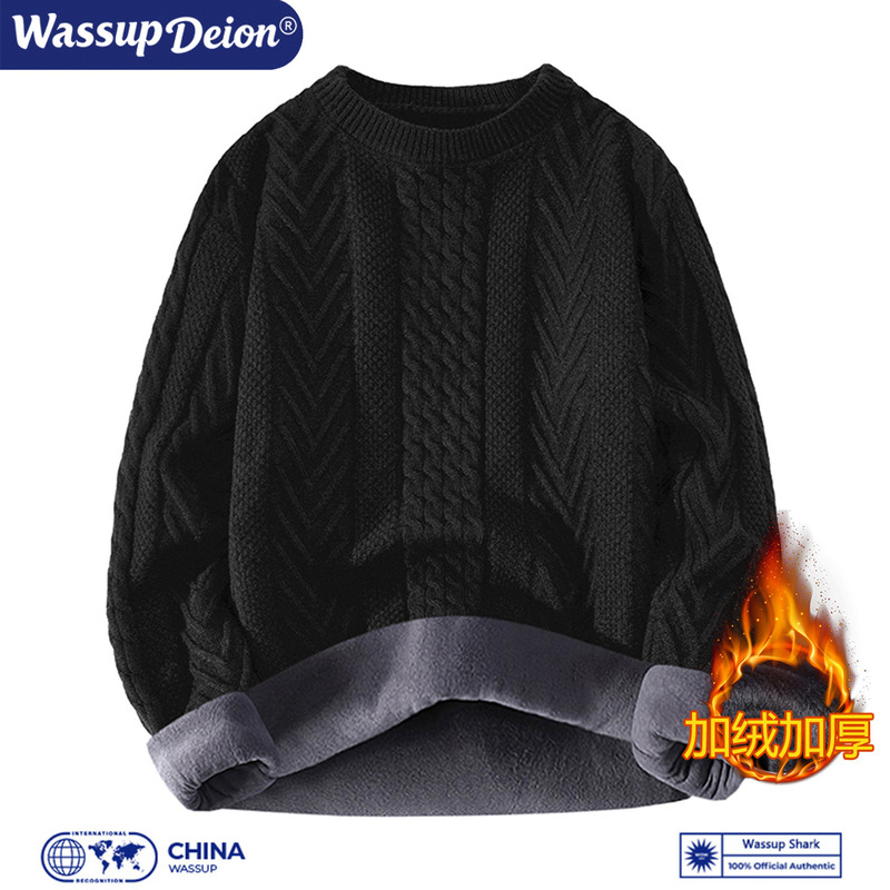 Wassup Shark Cable Knit Sweater for Men, Autumn and Winter, Fleece-Lined, Thickened, Crew Neck, Warm Knitwear, Trendy Versatile Top Wassup Shark Cable Knit Sweater for Men, Autumn and Winter, Fleece-Lined, Thickened, Crew Neck, Warm Knitwear, Trendy Versatile Top