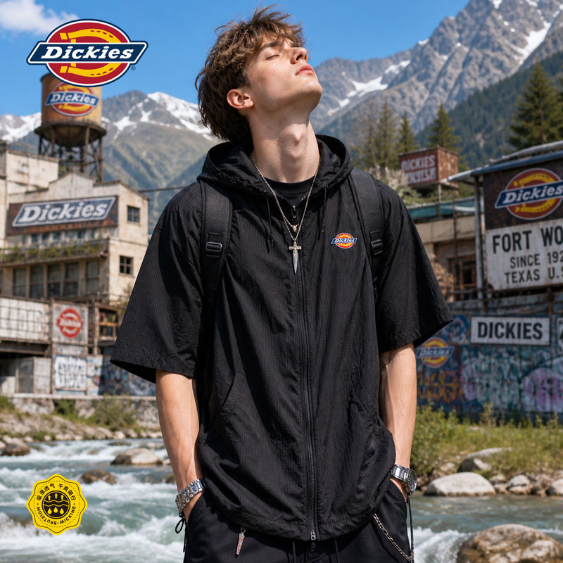 Dickies Fashionable Sports Outdoor Short-Sleeved Jacket for Men in Summer, Loose Casual Ice-Feel Five-Quarter Sleeve Hooded Jacket
