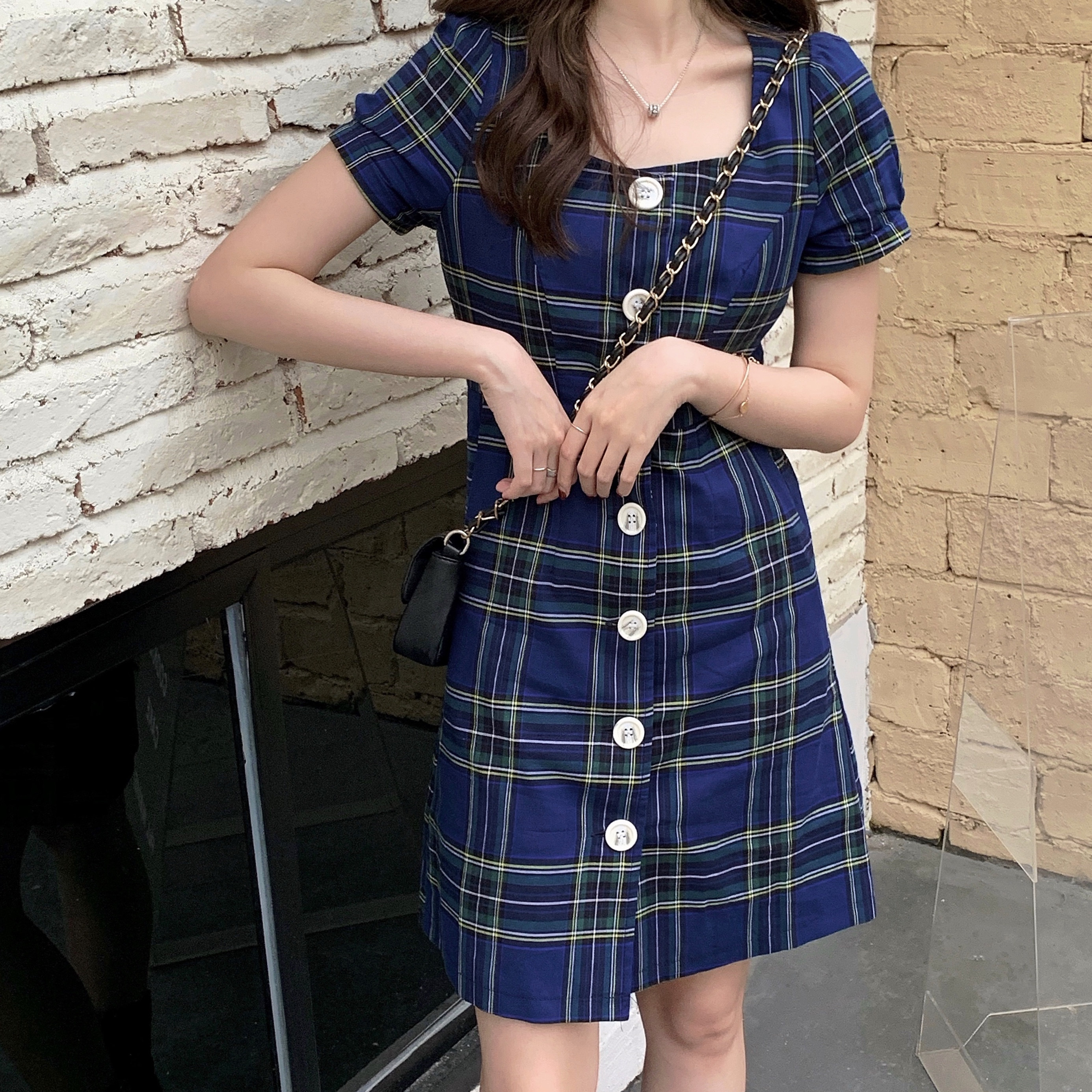 Sandro bassa French style vintage blue plaid one-piece dress with female square collar gas light undercooked wind single row