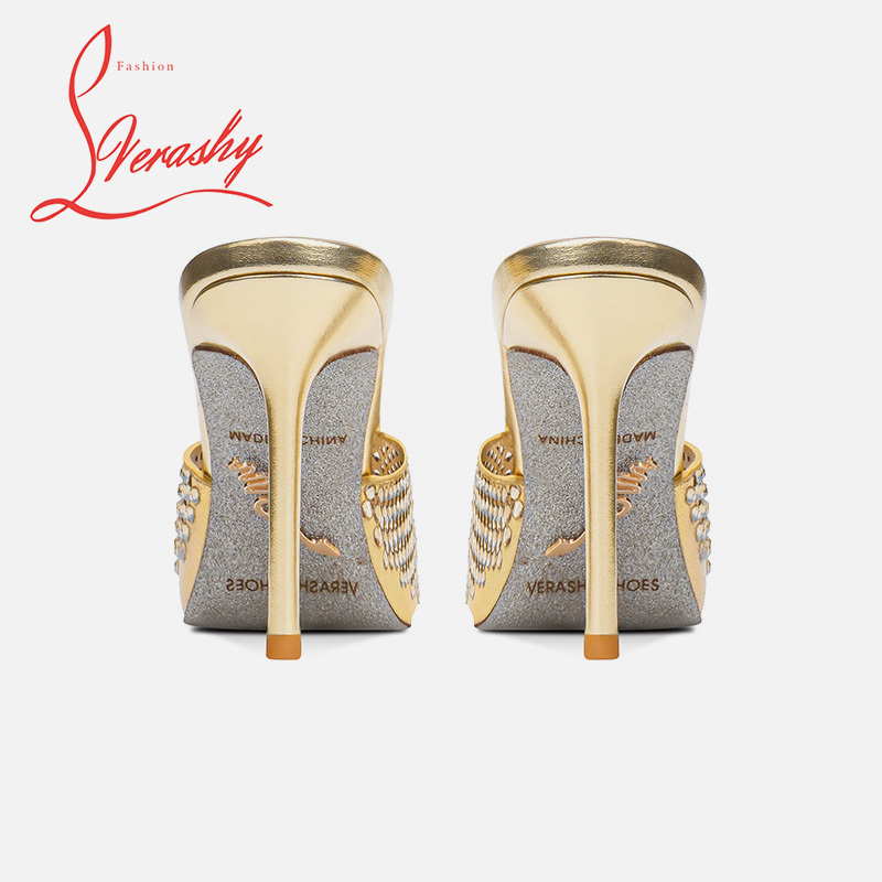 Gold Sandals for Women 2025 Summer New Style Rhinestone Slip-On Thin Heel 6-8cm Square Toe High-Heeled Slippers