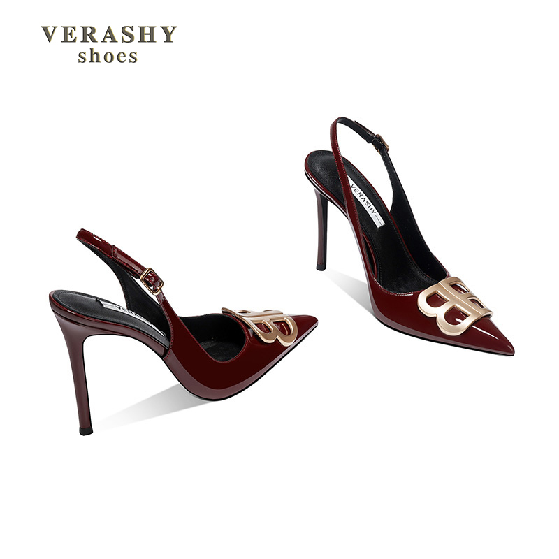 Burgundy High-Heeled Shoes for Women 2026 Autumn New Style Letter Metal Double B Buckle Stiletto Heel Pointed Toe Sandals