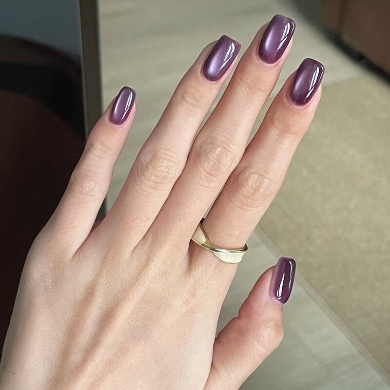 Handmade Purple Crystal Cat-Eye False Nails, Pure Color Grape Purple Fake Nail Patches, Wedding Nails, Ready-Made for Pregnant Women