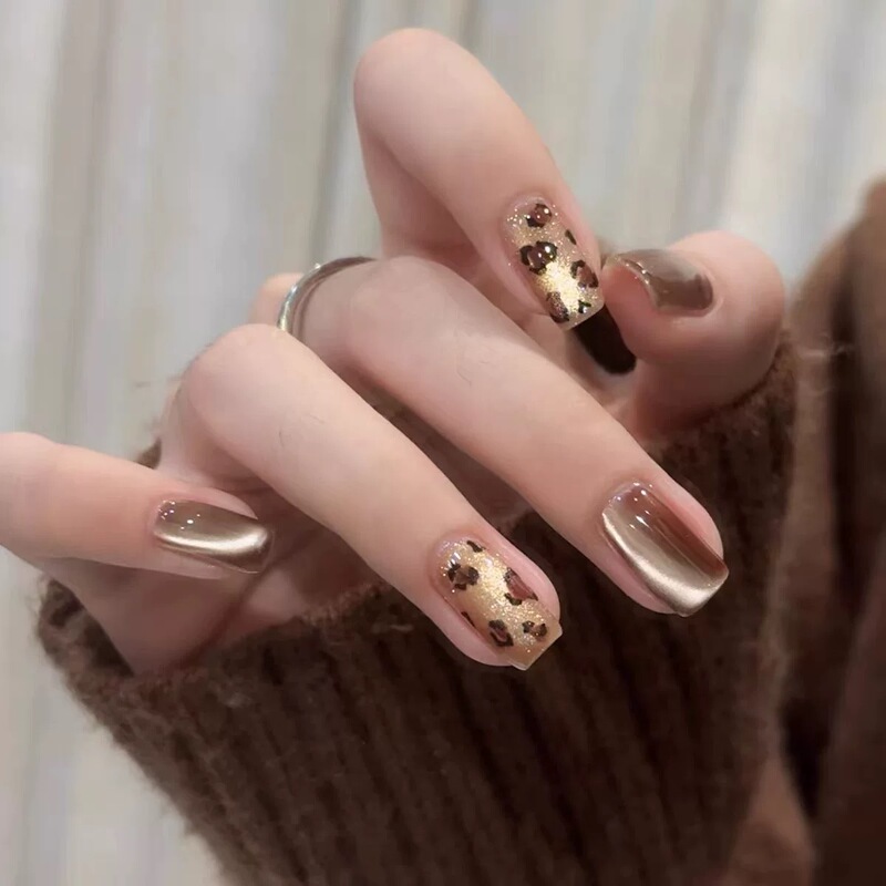 Handmade Maillard Golden Brown Leopard Print Cat Eye Nail Art 2026 New Style Light Luxury High-End Autumn and Winter Wearable Nails