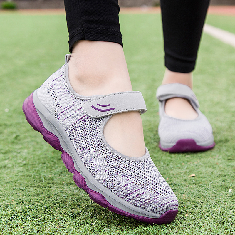 Atmospheric Grey & 19002summer Warrior  Women's Shoes Middle aged and elderly Mom shoes Mesh surface ventilation Single shoes soft sole gym shoes light non-slip Walking shoes