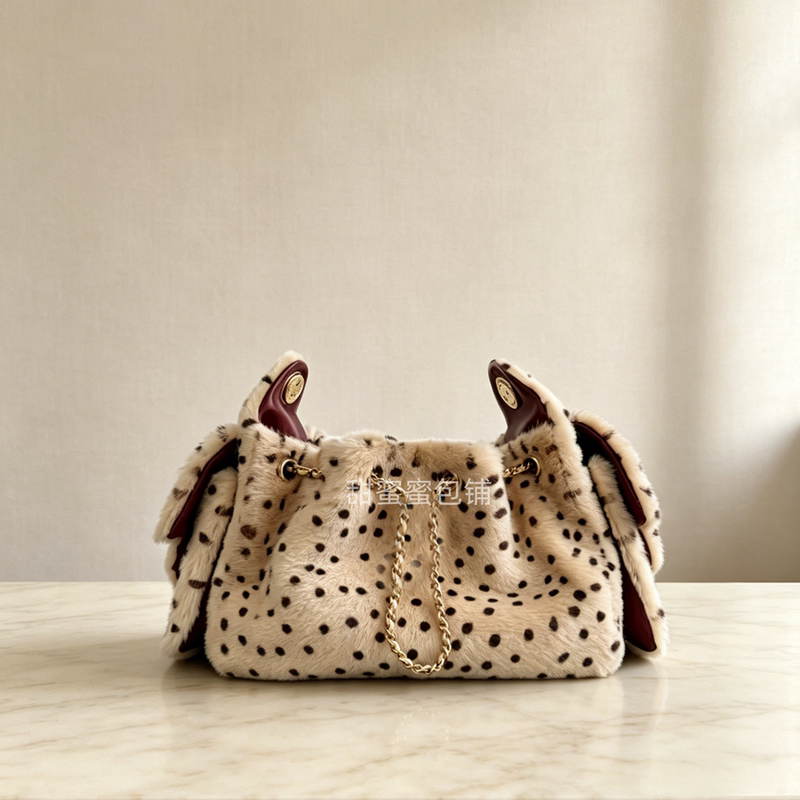 20/26A New Leopard Print Bag Polka Dot Plush Drawstring 25 Bucket Bag Mini Chain Underarm Bag for Women