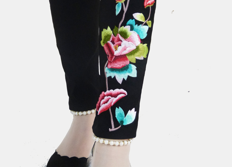 Quần legging thêu gió mùa xuân và mùa thu quần nữ cạp cao cạp quần co giãn công việc nặng nề là quần lửng cỡ lớn chân quần quần suông ống rộng nữ