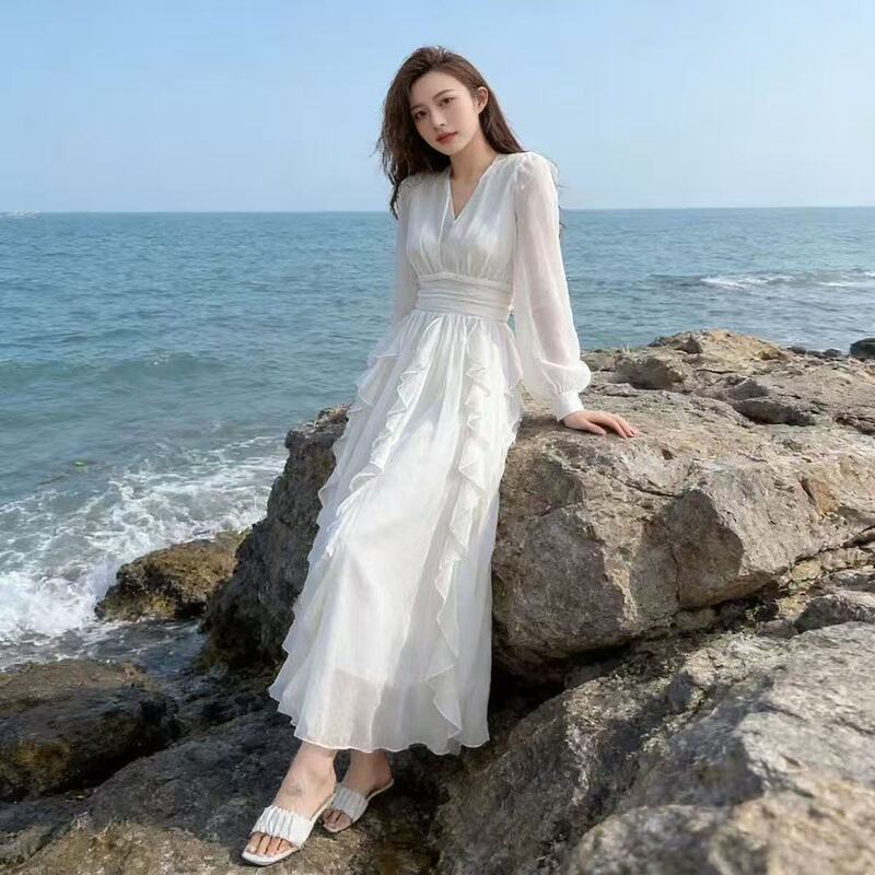 2026 Chiffon Elegant French Pure White Love Waist-Cinching Flared Light Luxury Age-Reducing Ruffle V-Neck Dress 2026 Chiffon Elegant French Pure White Love Waist-Cinching Flared Light Luxury Age-Reducing Ruffle V-Neck Dress