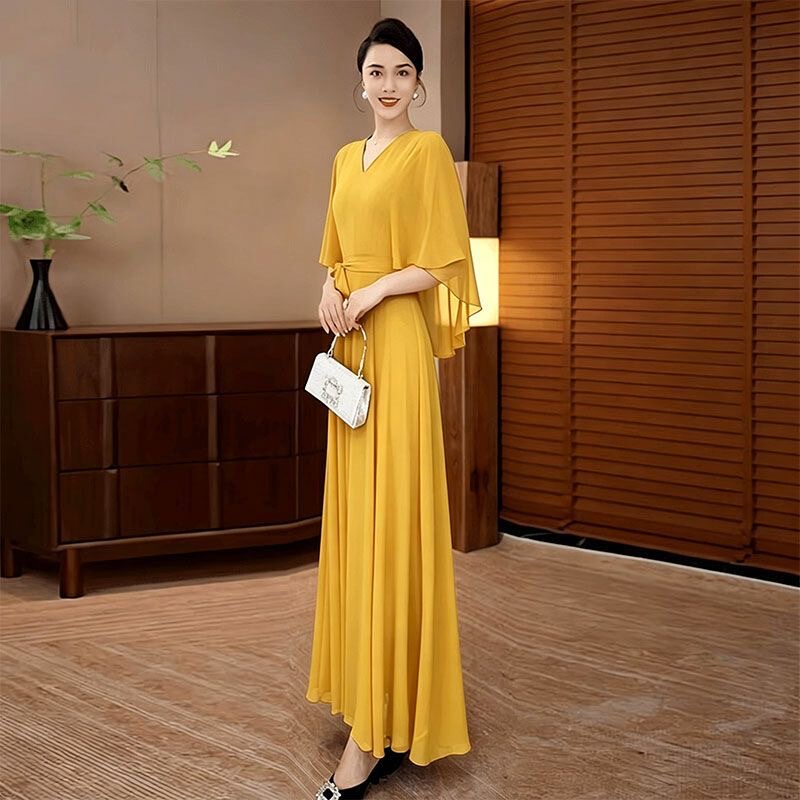Fresh and High-End Yellow New Style Waist-Cinching Slimming Summer Long Dress, Stylish and Elegant Vacation Beach Dress