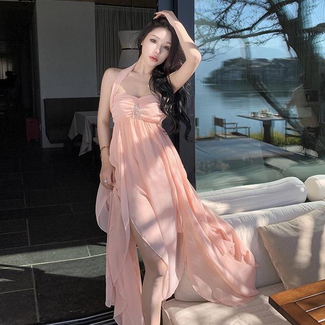 Holiday Super Fairy Long Dress Ladies 2023 Halter Neck Tube Top Backless Irregular Chiffon Sexy Dress High Sense