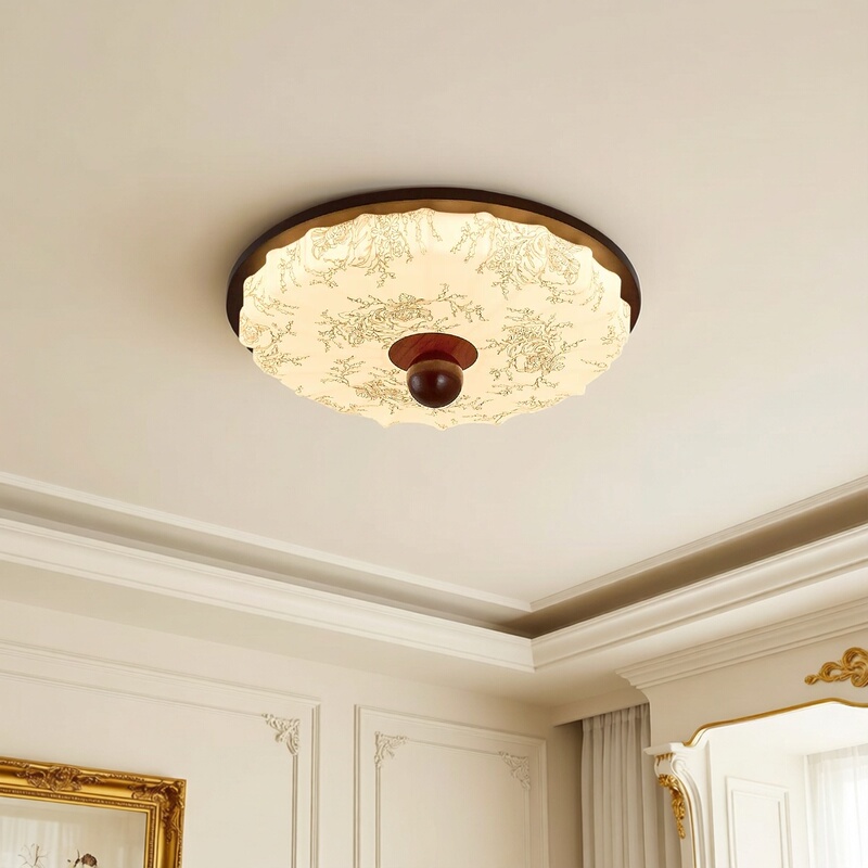 Retro Walnut Wood Grain Bedroom Ceiling Lamp, Song-Style Aesthetics, Warm Study Room Bedroom Lamp, Antique-Style Round Eye-Protection Lamp