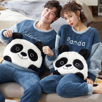 Autumn couple flannel pajamas long sleeve cartoon cute plus velvet men and women casual loose home suit suit