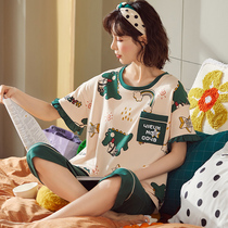 Pajamas Women Summer Short Sleeve Capri pants Leisure Cotton Cute Cartoon Home Clothes Set Girl Princess Plus Size