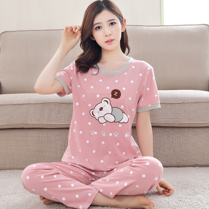 Summer short-sleeved trousers pajamas women's summer pure cotton Korean version cartoon cute women's casual loose home wear suit