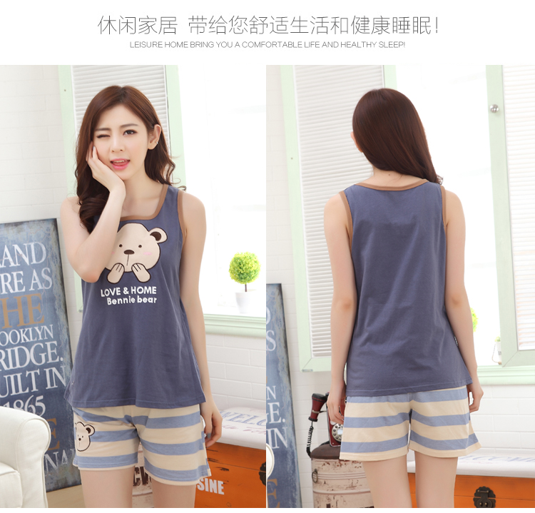 Mùa hè vest quần short cotton phim hoạt hình đồ ngủ nữ mùa hè không tay cotton dễ thương phụ nữ lỏng lẻo của dịch vụ nhà phù hợp với