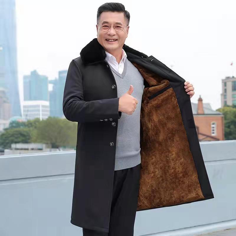 Middle-Aged and Elderly Men's Winter Woolen Coat, Mid-Length Cashmere Top for Dad, Autumn and Winter Thickened Trench Coat, Long Style Middle-Aged and Elderly Men's Winter Woolen Coat, Mid-Length Cashmere Top for Dad, Autumn and Winter Thickened Trench Coat, Long Style