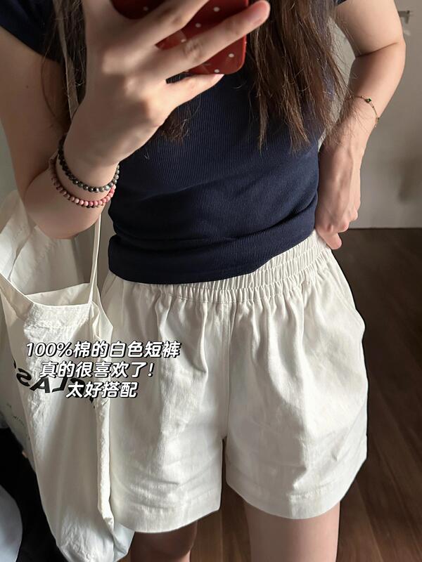 Elastic High-Waisted A-Line White Shorts for Women, Summer Casual Outerwear, Three-Quarter Length Pants, Sporty Loose Wide-Leg Hot Pants