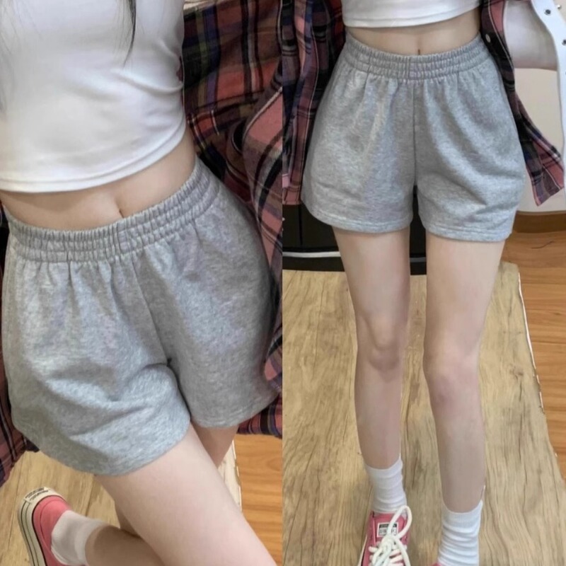 American-Style Gray Sports Casual Shorts for Women, Summer 2026 New Loose Fit, Slimming High-Waisted A-Line Wide-Leg Hot Pants