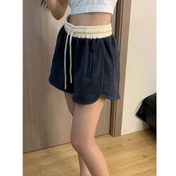 Navy Blue Casual Three-Quarter Length Sports Shorts for Women, Summer High-Waisted Slimming Petite American-Style Casual Home Sleep Pants