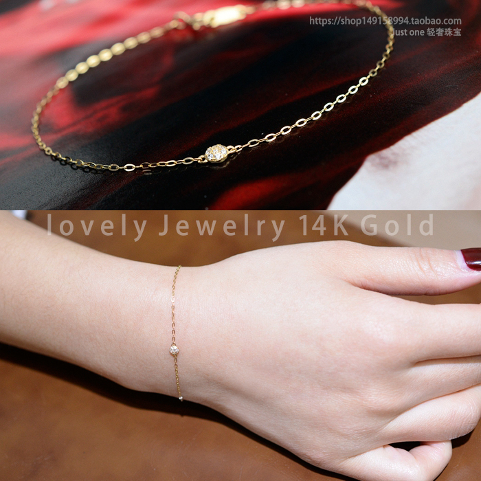 Seoul K Gold Light Luxury Jewelry Pure 14K Gold Single Round Zircon Ultra-Thin Bracelet Simple and Stylish