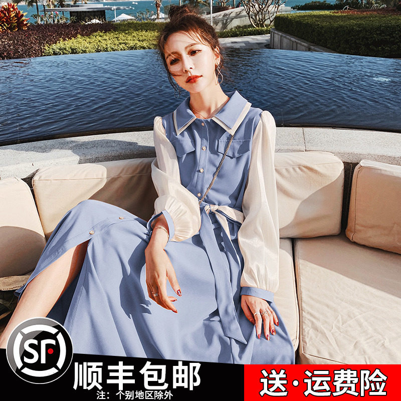 French chiffon shirt long-sleeved dress spring and autumn 2023 new design sense niche waist temperament long skirt female summer
