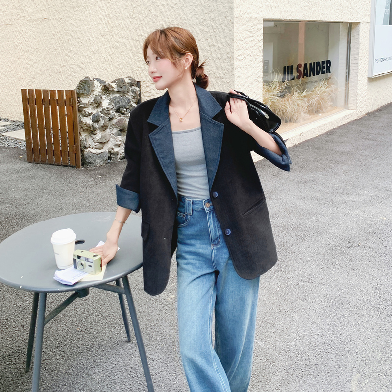 Korean Style Trendy Denim Patchwork Blazer for Women, Age-Reducing 2026 Spring New Vintage Versatile Color-Blocking Suit
