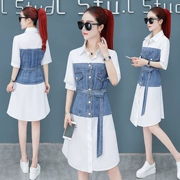 Đầm denim nữ mùa hè 2019 nữ mới phiên bản Hàn Quốc khí chất giả hai mảnh Đầm dự tiệc mùa hè thon thả - Cộng với kích thước quần áo