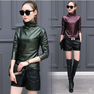 European station t-shirt women 2021 fashion autumn and winter plus velvet long-sleeved bottoming shirt European trendy T high elastic leather shirt top