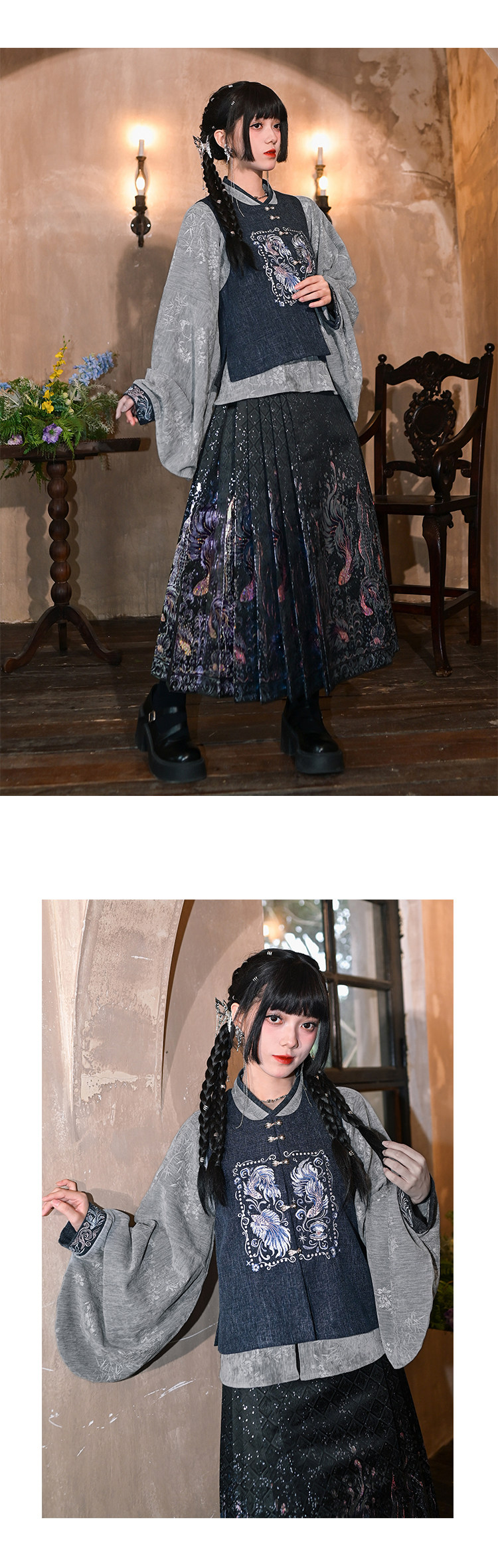 Китайцы одежда наборы 古怪舍「浮光鳍梦」原创汉服女改良明制国风比甲上衣马面裙套装冬