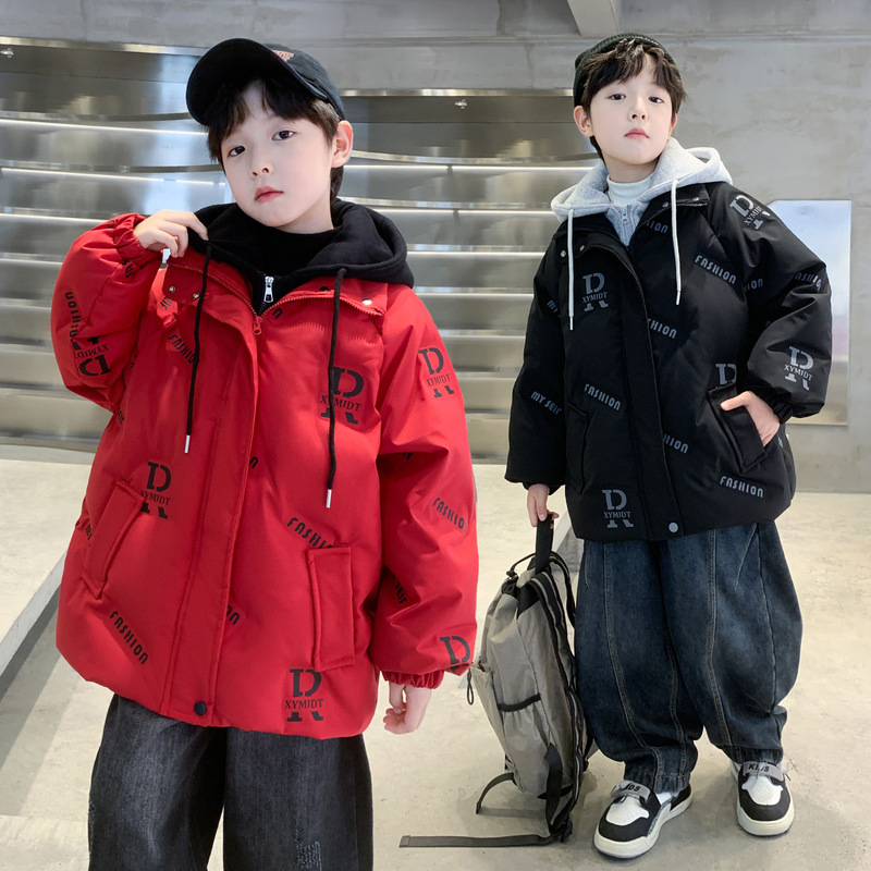 Children's Thickened down Jacket with Triple Protection, Unisex, for Older Kids, Faux Two-Piece, White Duck Down, Color-Blocking, Warm Winter Coat for Students