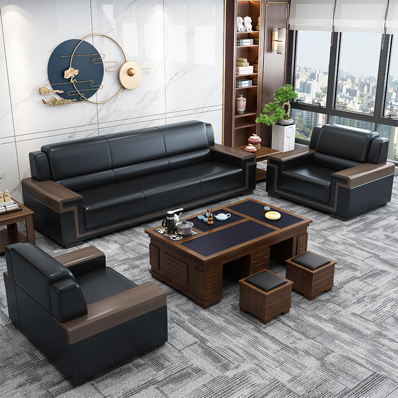 Office Sofa Modern Minimalist Business Reception Chinese Genuine Leather Trio Place Office Guest Tea Table Combo Suit