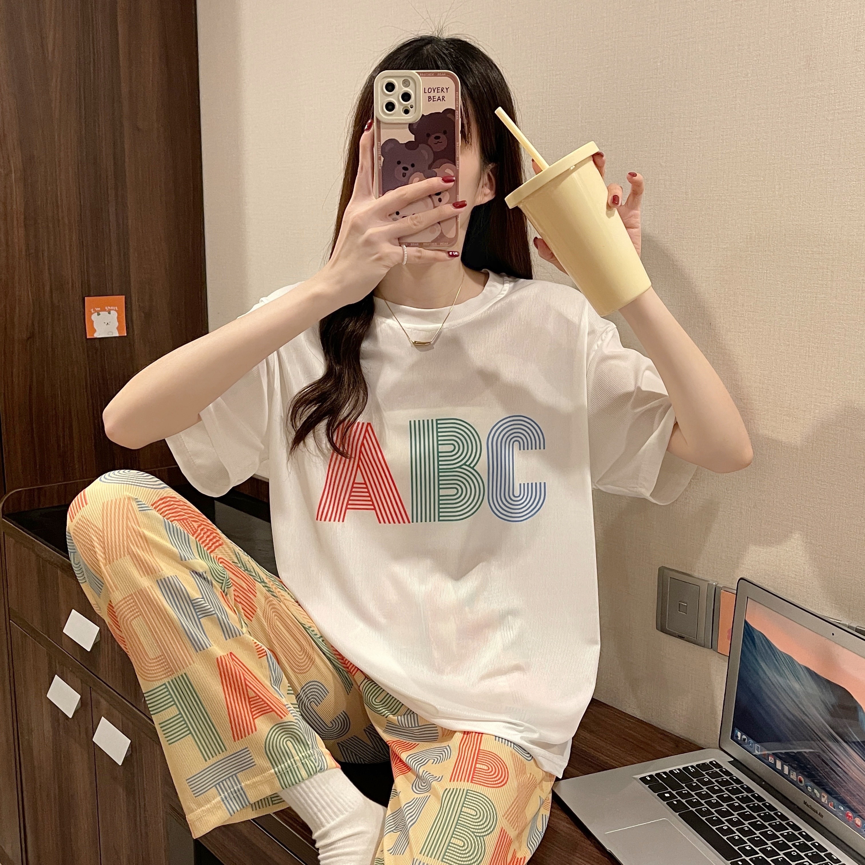 Sleepwear women Summer thin Modale pure cotton long pants short suit Spring and autumn Korean version of cute cows Large size Sizes Home Clothes