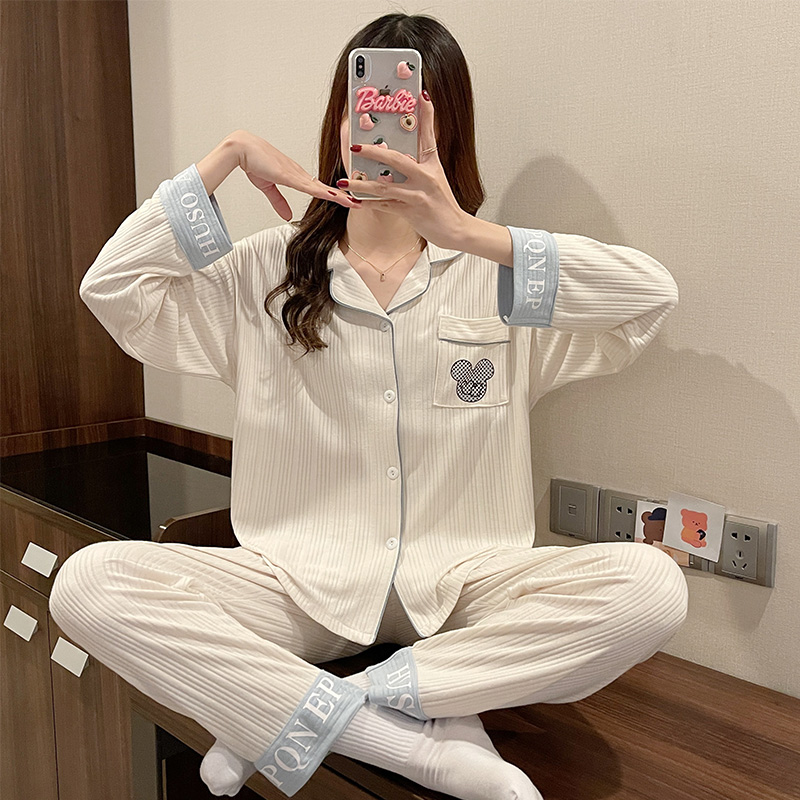 Fat mm big size pyjamas woman spring autumn pure cotton long sleeve cute mouse summer open shirt letters net red popcorn family clothes