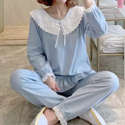 Pajamas women's spring and autumn cotton long-sleeved V-neck sweet and cute lace casual princess style home service two-piece suit summer