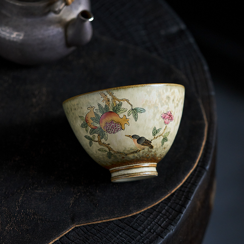 Fanyue Jingdezhen Antique-Style Ceramic Traditional Hand-Painted Pomegranate Bird Vintage Kiln-Fired Large Chicken Heart Cup Tea Cup Master Cup