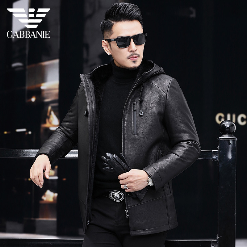 Haining mid-length hooded mink liner windbreaker genuine leather leather jacket men's fur deerskin pattern mink fur coat jacket