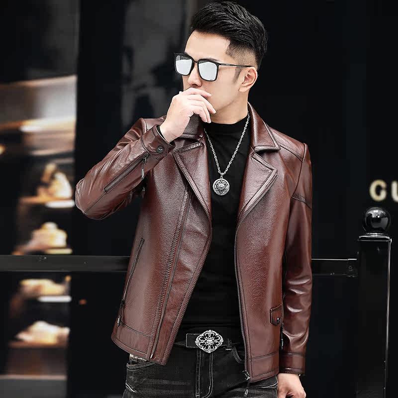 Haining leather jacket men's suit collar Slim Korean version handsome youth first layer cowhide motorcycle suit genuine leather jacket