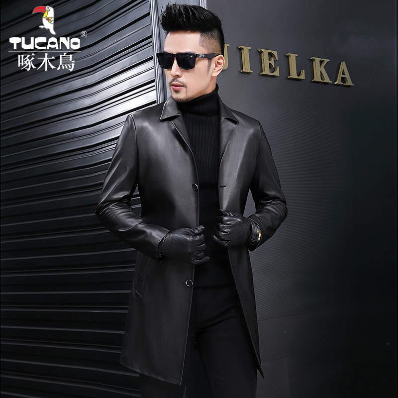 Woodpecker Haining leather leather men's sheepskin suit collar leather windbreaker men's medium and long version plus cotton men's jacket